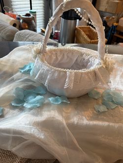 White Lace and Pearl Flower Girl Basket