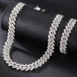 2-Pcs Fully Iced 14K White Gold-Plated Cubic Zirconia 24" Miami Cuban Chain Necklace & Bracelet Set 