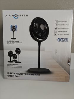 “NEW” AIR MONSTER "CYCLONIC" 12in ADJUSTABLE, 3-SPEED PEDESTAL FAN (Black)!🌞💨🆒 ♥️