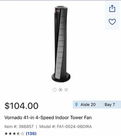 Vornado 41 in 4 speed Indoor Tower Fan