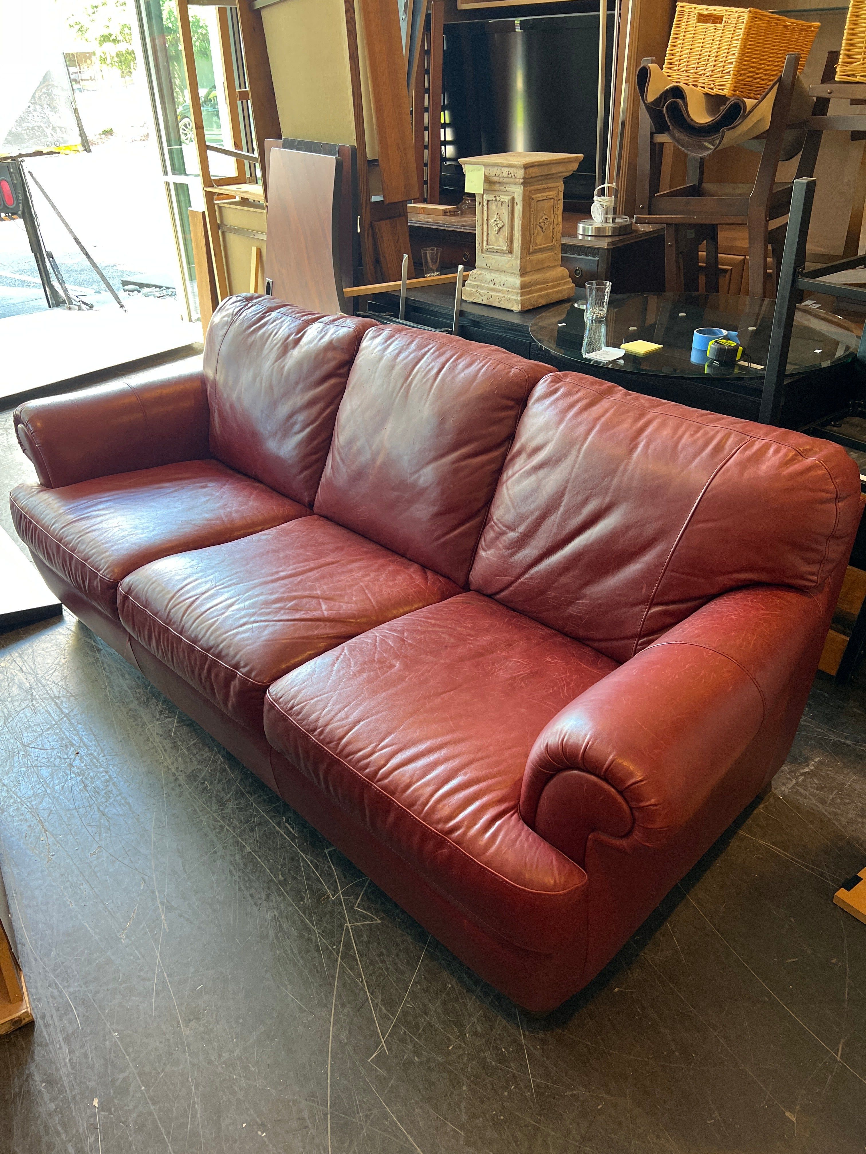 SOLD - Red Leather Three-Seat Sofa