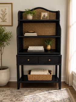 Beautiful Refinished Black Rattan Hutch / Display Cabinet