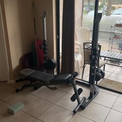 Weider Bench/squat Rack Set Up With Weight Holders With Adjustable Sizes For Different Plates