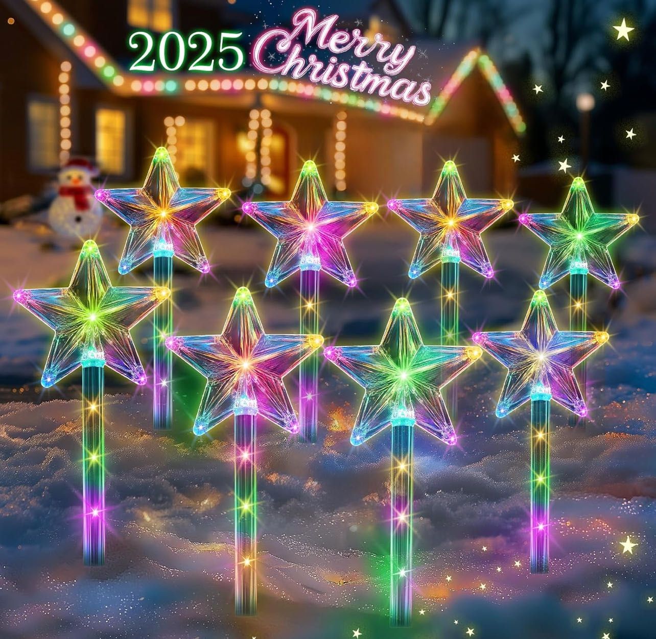 Solar Christmas Decorations Outdoor: 8 Pack Colorful Star Christmas Lights with 8 Modes, Christmas Solar Lights Waterproof, Christmas Outdoor Decorati