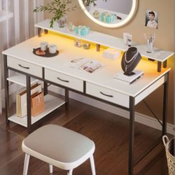 Rectangle Computer Desk with Shelves, Office Desk with Power Outlets & RGB LED Lights