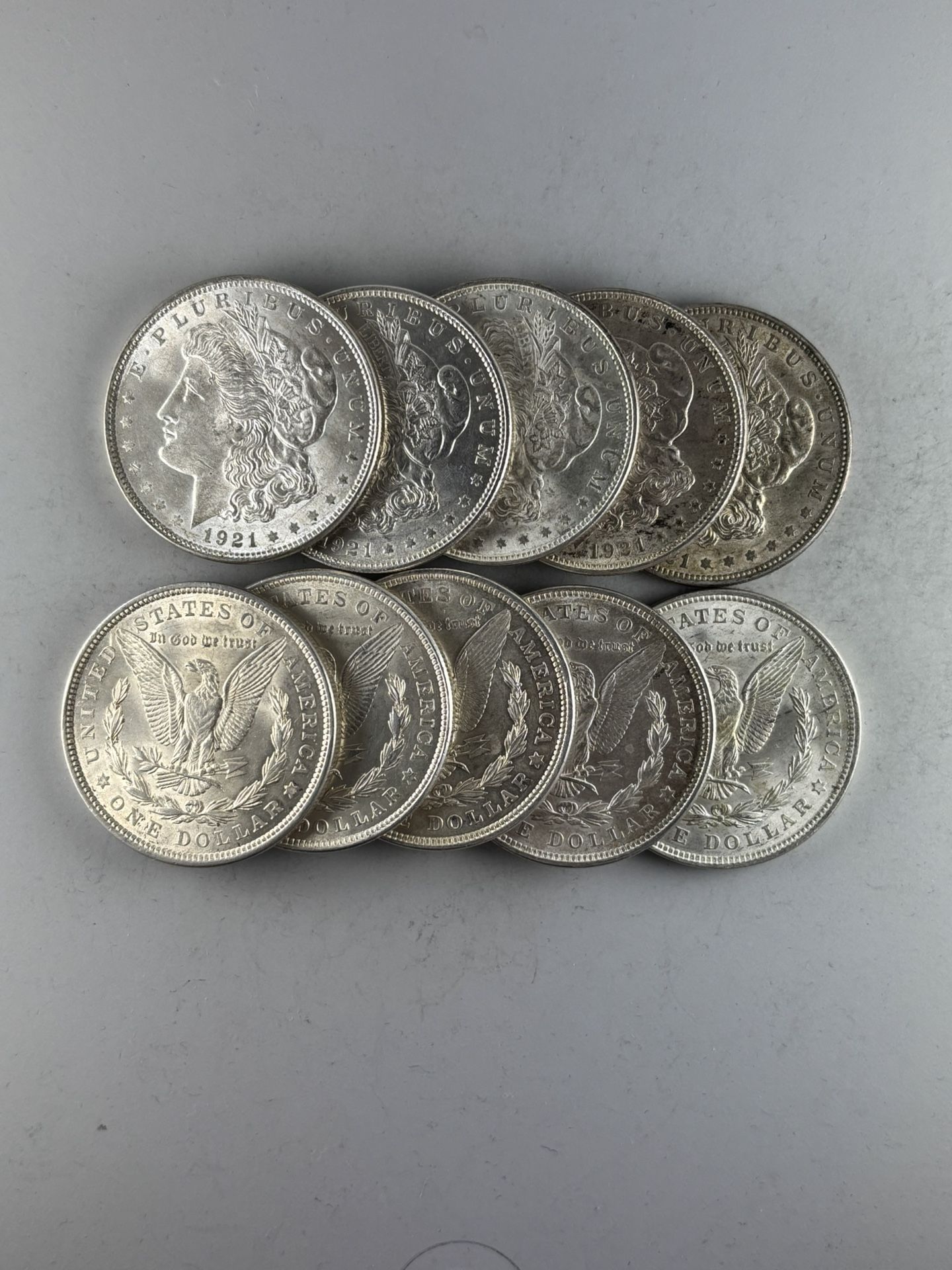 Lot of TEN 1921 Morgan Silver Dollars -- ALL NEAR-UNCIRCULATED COINS!