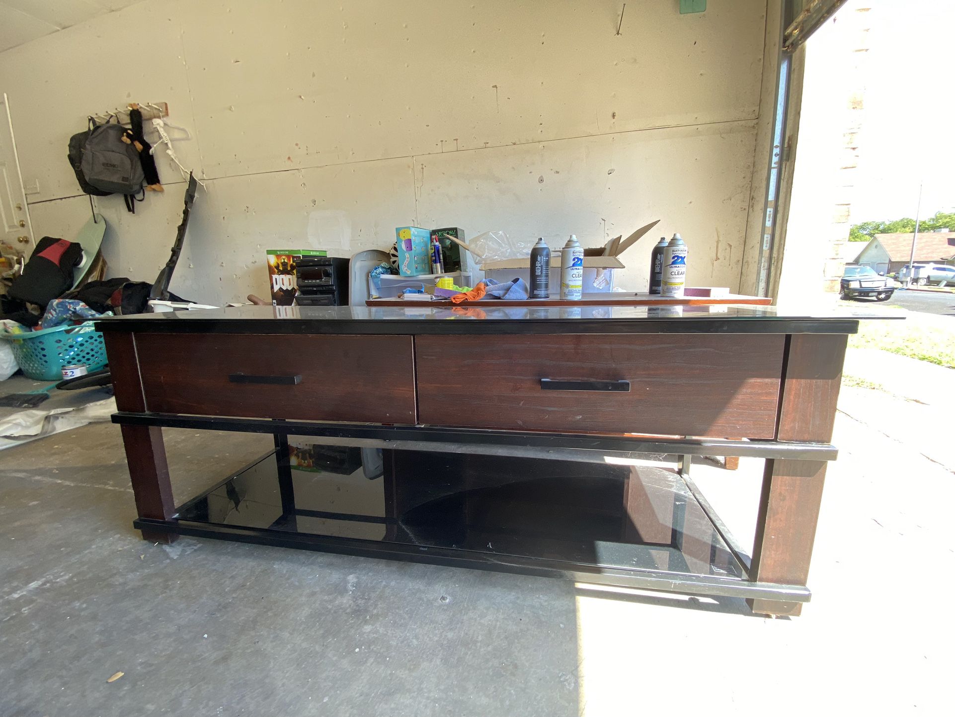 Black And Brown Tv Stand With Glass Too And Bottom Shelf 