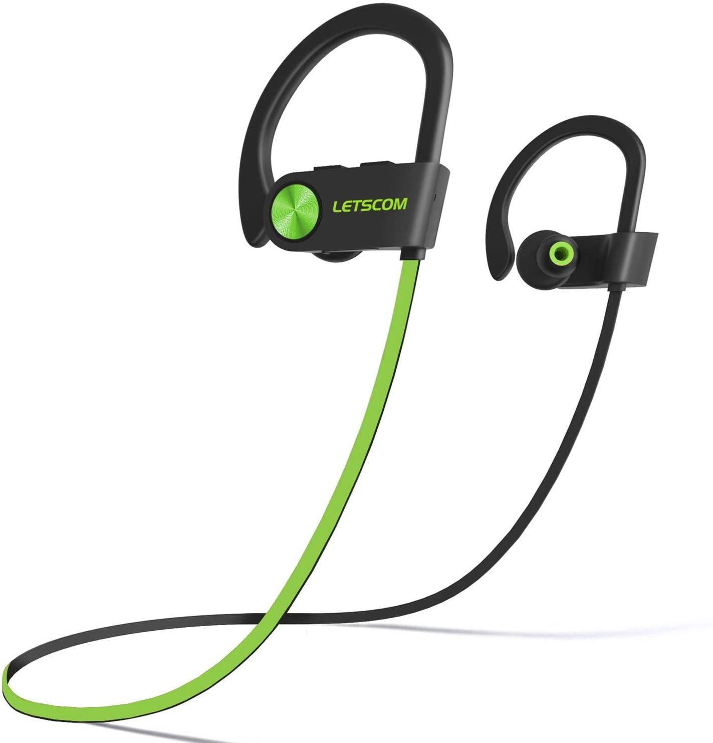 LETSCOM U8I Bluetooth Waterproof Wireless In-Ear Headphones With Mic and Volume Control, Ear Hooks, Green/Black