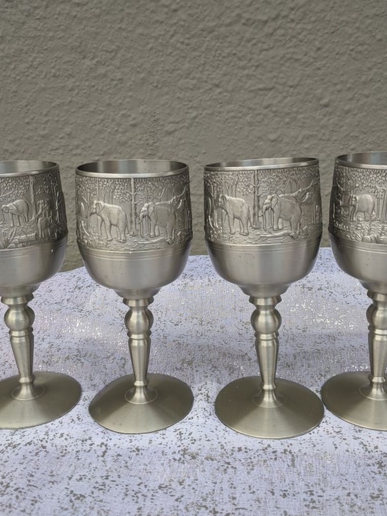 4 Set Of Beautiful Vintage Thailand Globlet Pewter Regular Size And Elephant Design