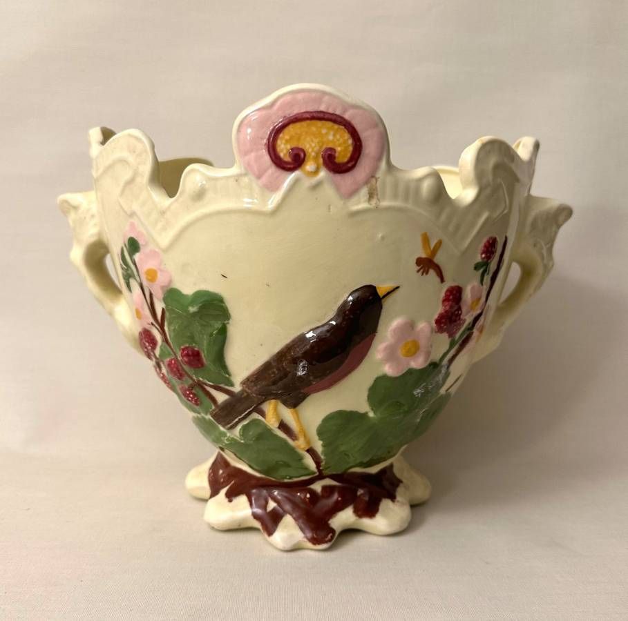 Vtg Embossed Porcelain Double Handled Barbotine Cachepot Planter Vase