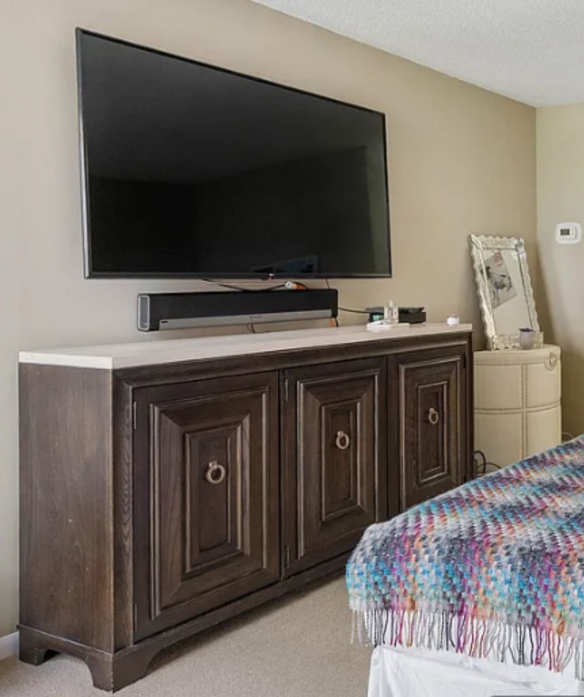 Universal Furniture California Credenza Travertine Table Top, 3 Custom Molding Cabinet Doors, Shelving 