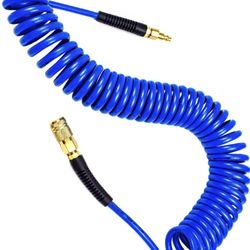 YOTOO Polyurethane Recoil Air Hose, Air Compressor Hose 1/4" Inner Diameter by 25' Long with Bend Restrictor, 1/4" Industrial Quick Coupler and Plug, 