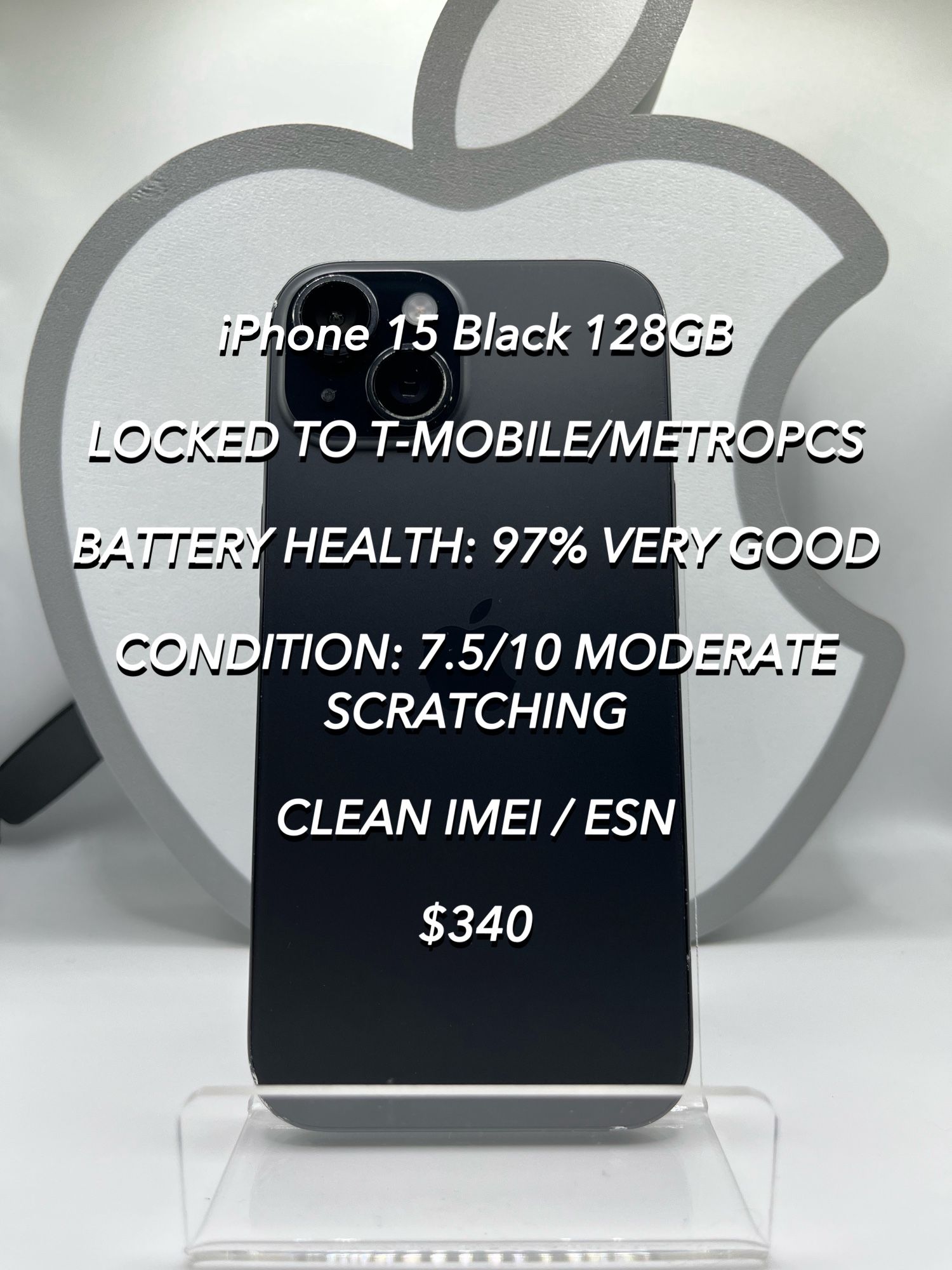 iPhone 15 Black 128GB T-MOBILE/METRO LOCKED Used Authentic