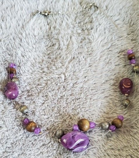 Vintage Purple/White Swirl Glass, Wooden And Silvertone Beads On Triple Strands.