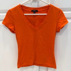 Ambiance Womens S T-Shirt Short Sleeve V Neck Solid Orange Pullover Stretch