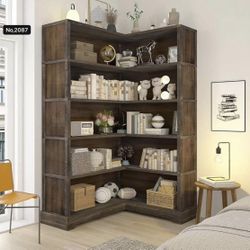 Wood Corner Book Shelf, 5 Tier 65 Inch Tall Bookshelf with Storage, Floor Standing Display Book Shelf for Living Room, Kitchen, Home Office, Rustic Br