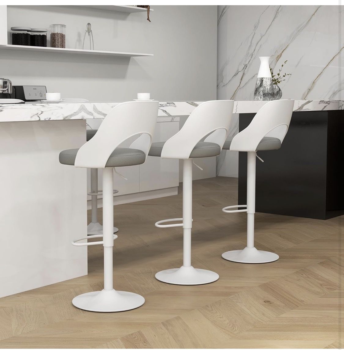 Set of 3, Height Adjustable Swivel Counter Bar Stool with Hollowed-Out PP Back, Upholstered Bar Chair with White Metal Base Footrest, [NEW]