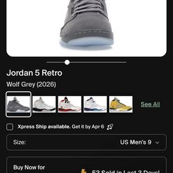 Jordan 5s wolf grays  size 10 men’s