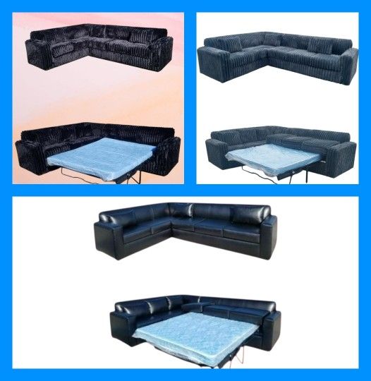 BRAND NEW 7X9FT AND 9X5.5FT SECTIONAL CHAISE SOFA WITH SLEEPER  BLACK LEATHER 