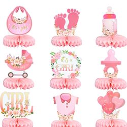 9 piece pink (Girl) baby shower honeycomb center pieces
