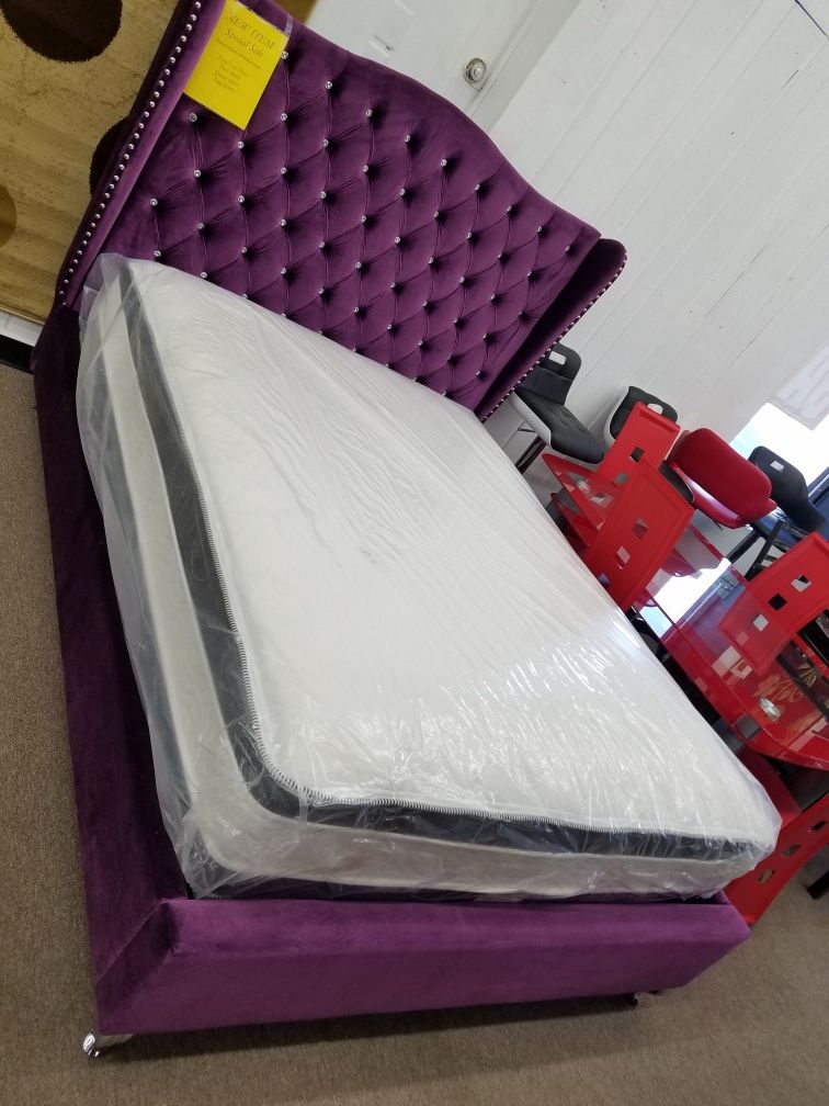 No credit needed purple velvet rhinestone queen size platform bed frame only