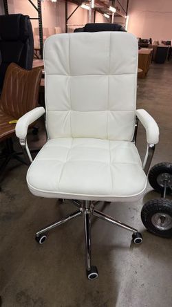 New assembled White Office Chair, Mid Back Leather Desk Chair with Wheels and Padded Arms, Swivel Vanity Chair for Bedroom, Computer Chair for Study a