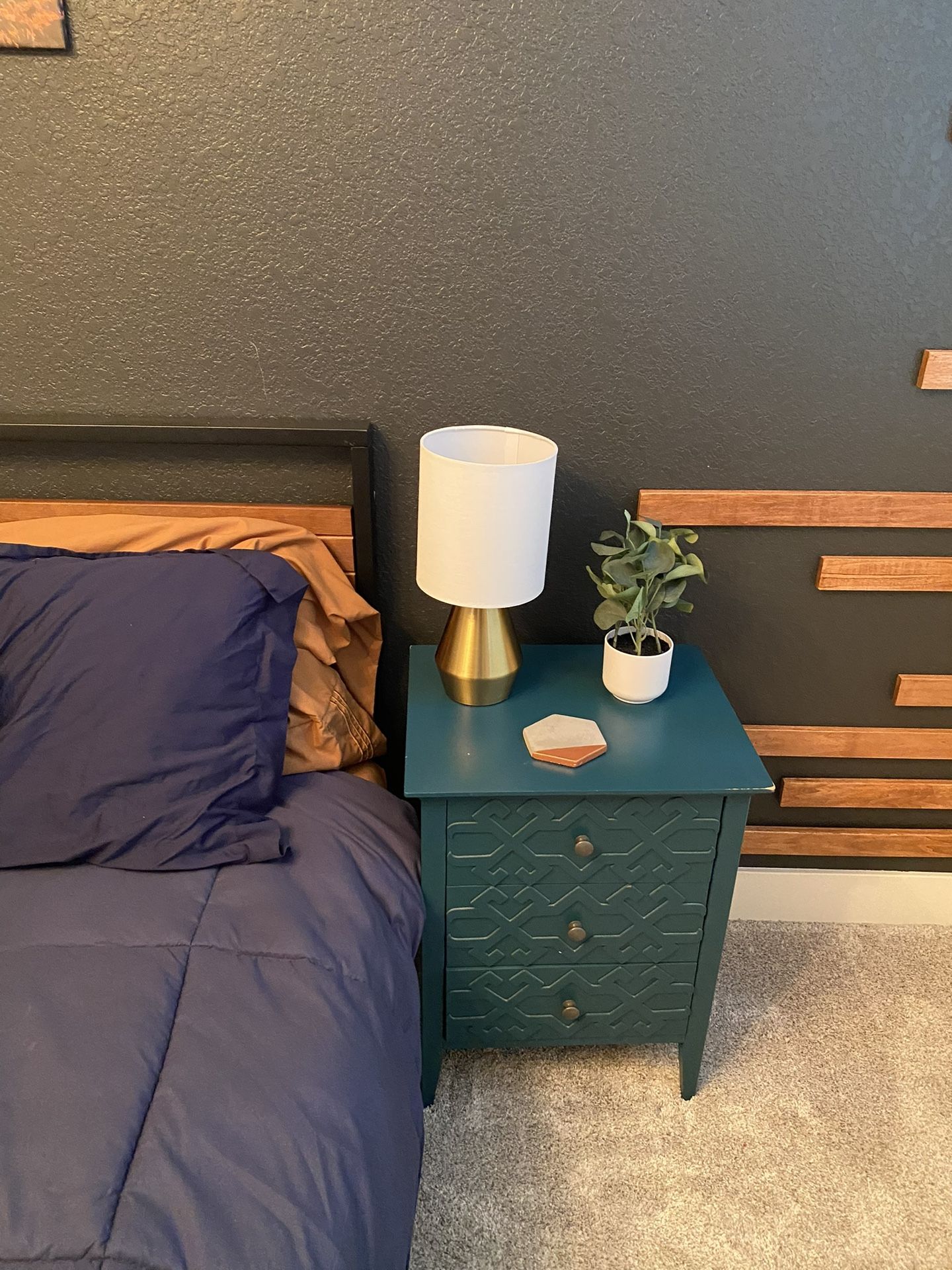 Pair of Teal 3-Drawer Nightstands with Geometric Front Design