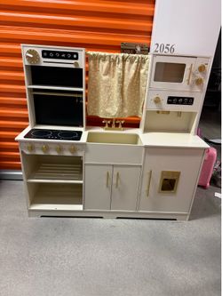 Luxury Wooden Play Kitchen Set for Kids – White & Gold Modern Design