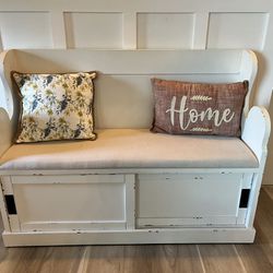 White Storage Pew Bench with Fabric Cushion 