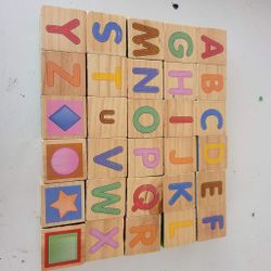 wooden blocks 3 different side lower ,upper case alphabet and barn house