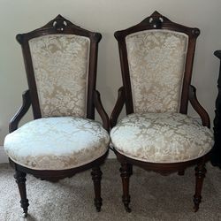 set of antique wooden chairs with floral cream fabric. One chair has mark on seat. They do have some knicks/scratches from use - see pics! One of chai