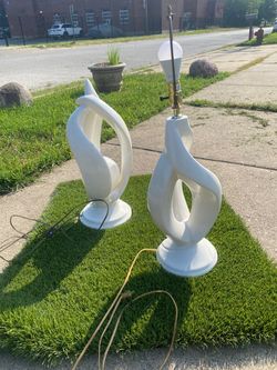 Modern White Mid-Century Sculptural Table Lamps Pair