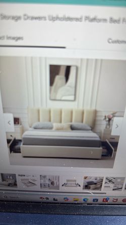 Queen upholstered bed frame w/ drawers
