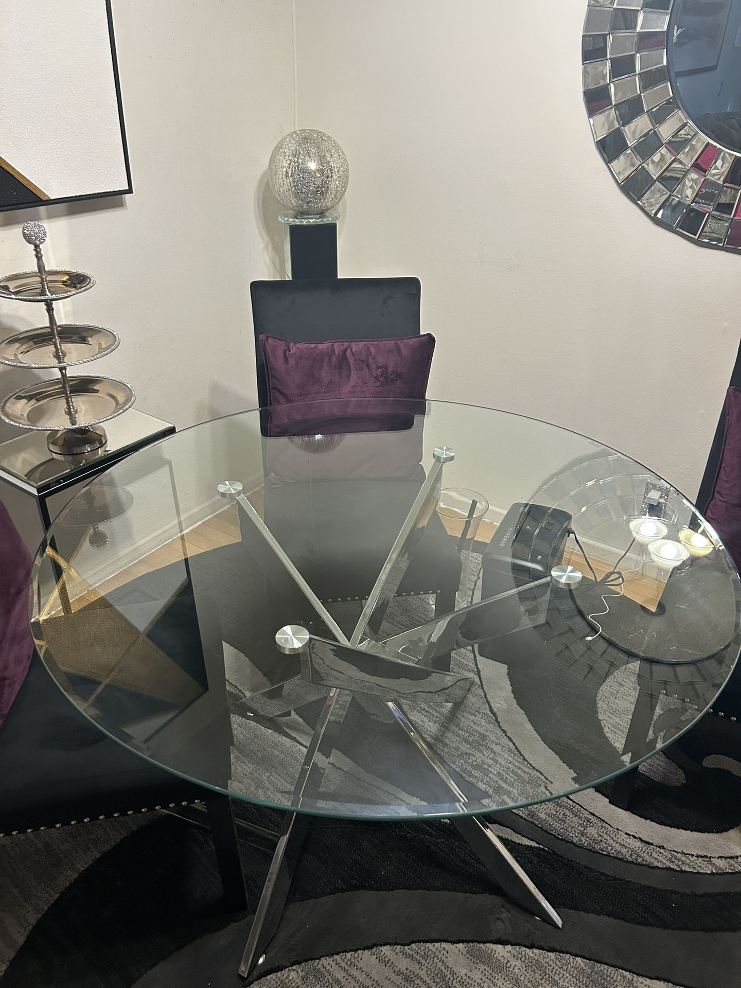 Round Glass Dining Table with Silver Base