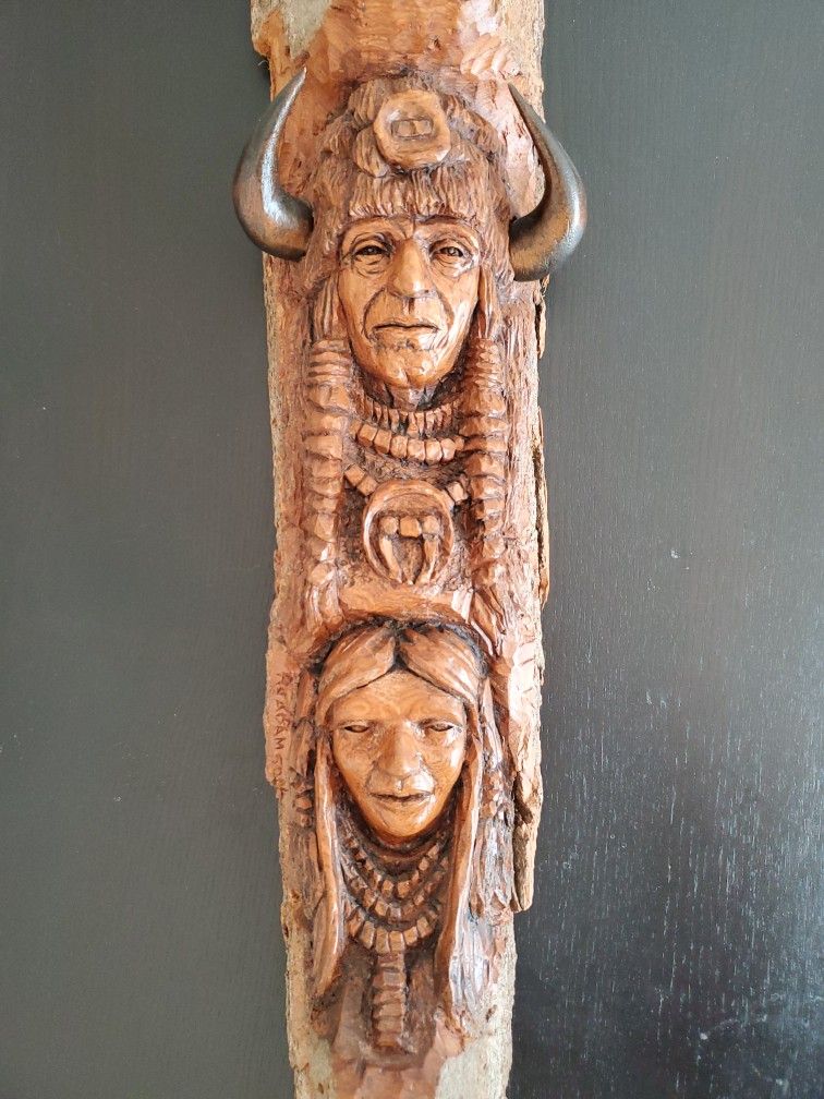 Ron Adamson Wood Sculpture of Lakota Sioux Chief and Wife