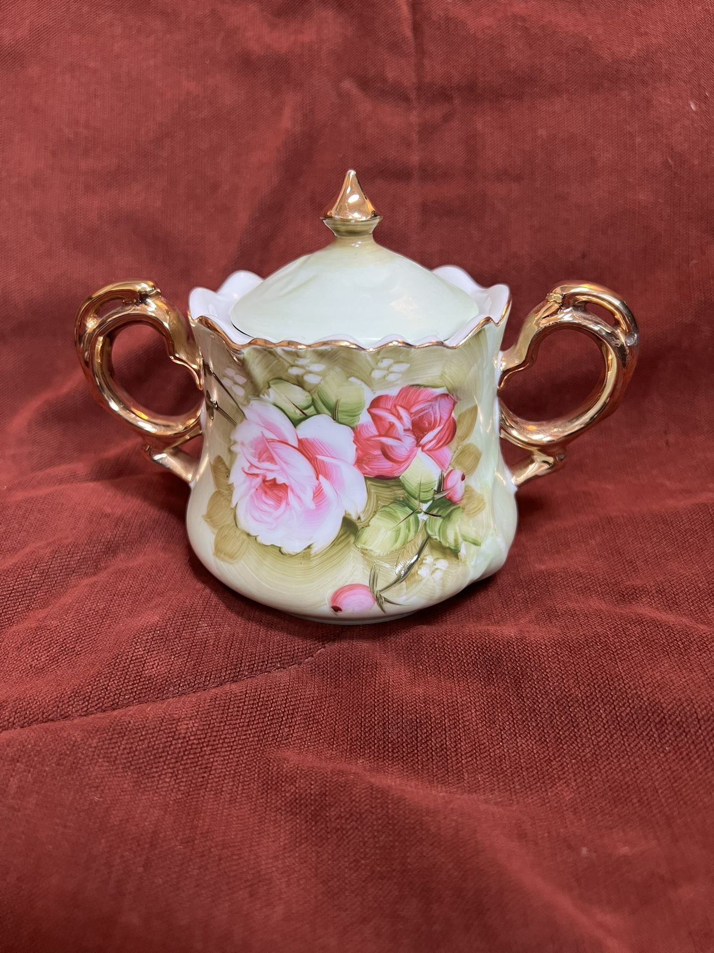 Lefton china green heritage rose hand painted sugar bowl w/lid 3066