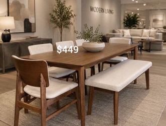 Stunning 6-pc table set with bench walnut finish