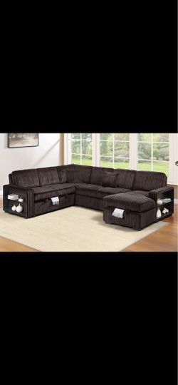 Dark Brown Corduroy Sectional Sofa with pullout bed and storage