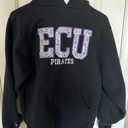 Sz S ECU Pirates (Eastern Carolina University) hooded sweatshirt w front pouch. No drawsting 4 hood