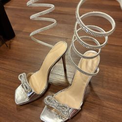 Silver Rhinestone Spiral Ankle-Wrap Heels 