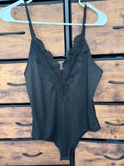 Black Lace Trim Ribbed Bodysuit