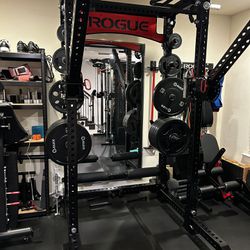 Rogue Fitness Monster rack (3x3 Upright With 1in Hole) with Many Attachments AND REP AB4100 Bench