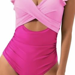 Beautiful 2 Tone Pink Onr Piece Swim Suit M  Ruffled Sleeves 