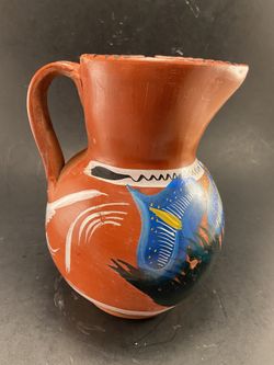 Hand Painted Pottery Pitcher With Bird & Flowers (crack on top of 1 sided doesn’t detract from look)