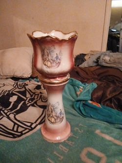 victorian romantic scene: vintage staffordshire / england porcelain jardinières with pedestals" or "cachepot