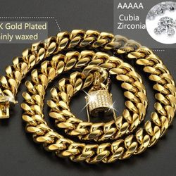 Miami Cuban Link Set NEW 18K Gold PLATED 15mm Stainless Steel Curb Necklace with cz Diamond Chain 