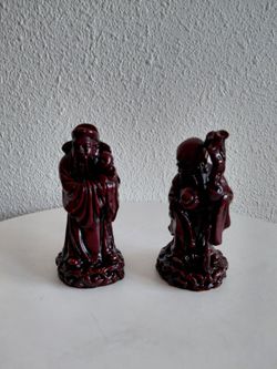 Vtg Heavy Resin Carved Wooden Look  Chinese Immortal 2 Figurines Fu Lu Shou . Symbols of longevity , Feng Shui culture.   ry