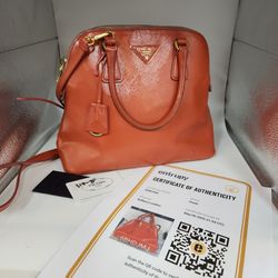 Authentic Prada Orange Saffiano Vernic  Handbag with Gold Hardware & Shoulder Strap
