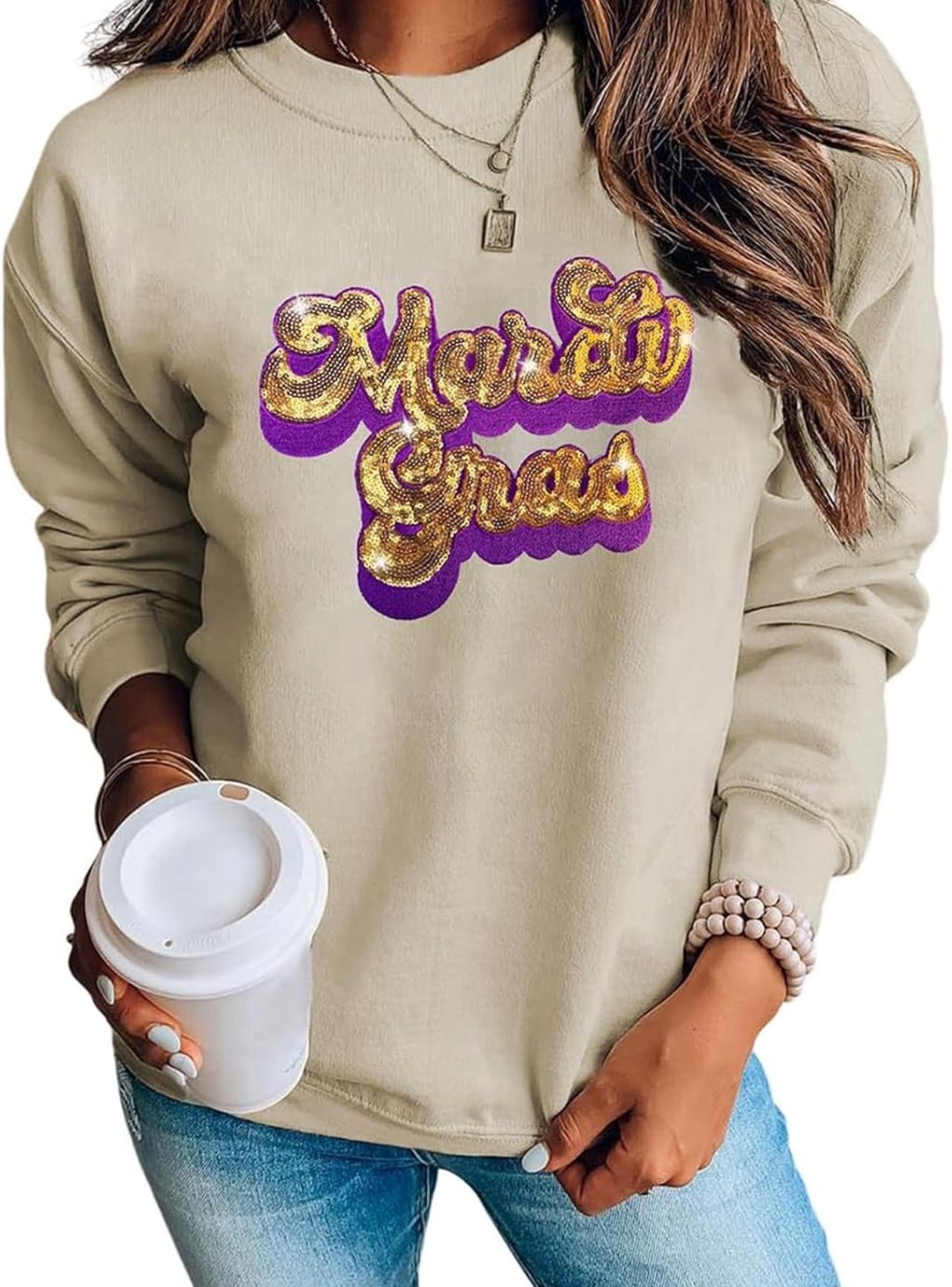 SELINK Womens Mardi Gras Sweatshirt Oversized Crewneck Sequin Long Sleeve Casual Pullover Tops Brand new yours for $25.00