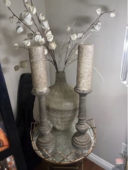 Silver gray vase with two candle sticks and matching candles